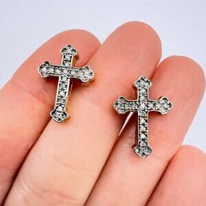 14K Yellow Gold And Prong Set Diamonds Cross Stud Earrings Pierced